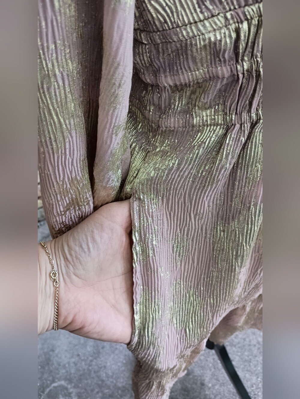 By Anthropologie Shimmery Pink Midi Dress - Gold Floral Accents - With Pockets_S - Picture 10 of 11